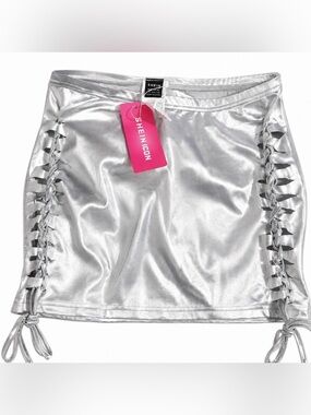 SHEIN Silver Satin Lace-Up Mini Skirt with Branded Tag